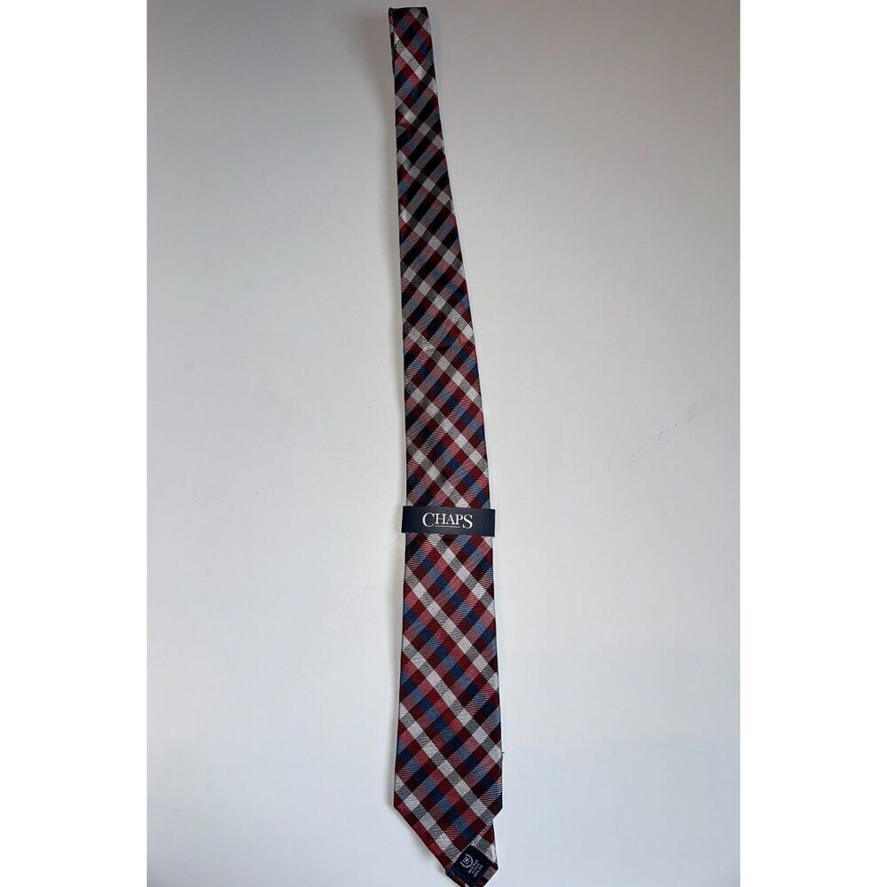 NWT Chaps Men’s Tie – Red Blue Plaid – 100% Silk – Handmade – MSRP $38